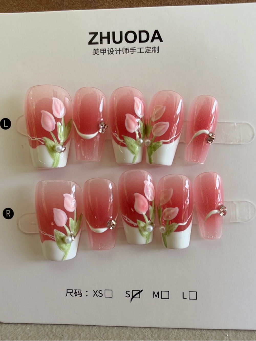 Beautiful Pink Floral Press-On Nail Set with Rhinestone Accents